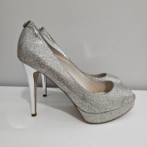 Michael Kors Silver Peep Toe Heels Platform Sexy Sparkle Pumps Size 9 M Comfy